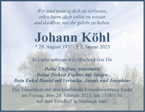 Traueranzeige von Johann Köhl von Märkische Oderzeitung