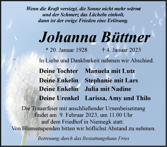 Traueranzeige von Johanna Büttner von Märkische Oderzeitung