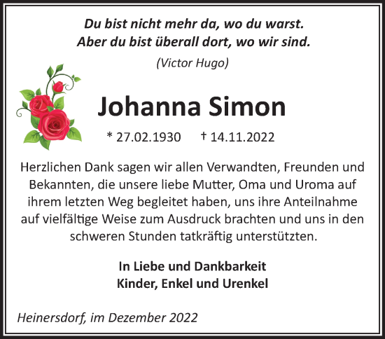 Traueranzeige von Johanna Simon von Märkische Oderzeitung