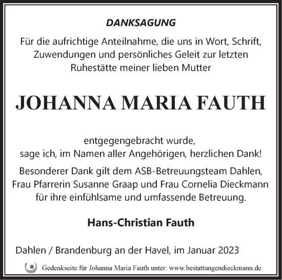 Traueranzeige von Johanna Maria Fauth von Märkische Oderzeitung