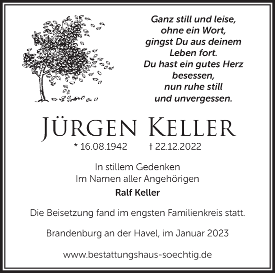 Traueranzeige von Jürgen Keller von Märkische Oderzeitung