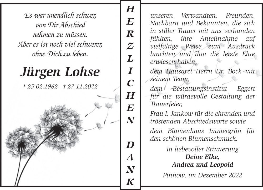  Traueranzeige für Jürgen Lohse vom 10.01.2023 aus Märkische Oderzeitung