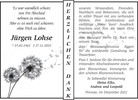 Traueranzeige von Jürgen Lohse von Märkische Oderzeitung