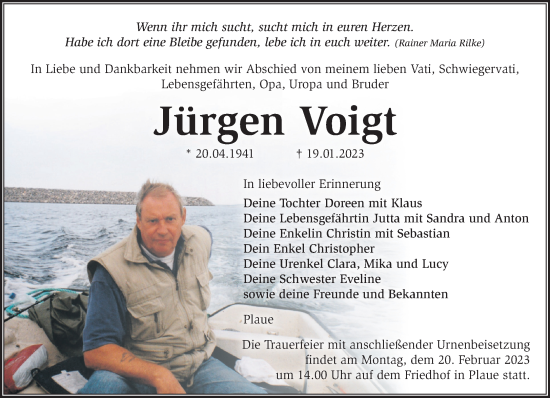 Traueranzeige von Jürgen Voigt von Märkische Oderzeitung