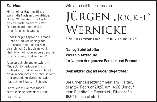 Traueranzeige von Jürgen Wernicke von Märkische Oderzeitung