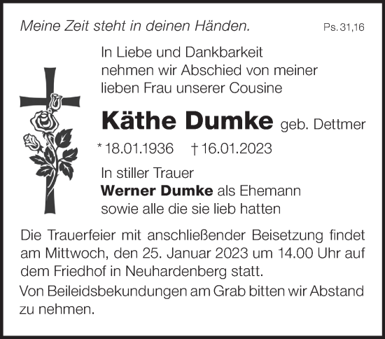 Traueranzeige von Käthe Dumke von Märkische Oderzeitung