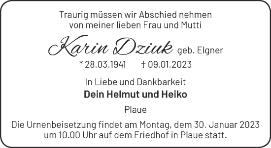 Traueranzeige von Karin Dziuk von Märkische Oderzeitung