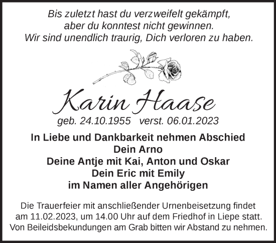 Traueranzeige von Karin Haase von Märkische Oderzeitung