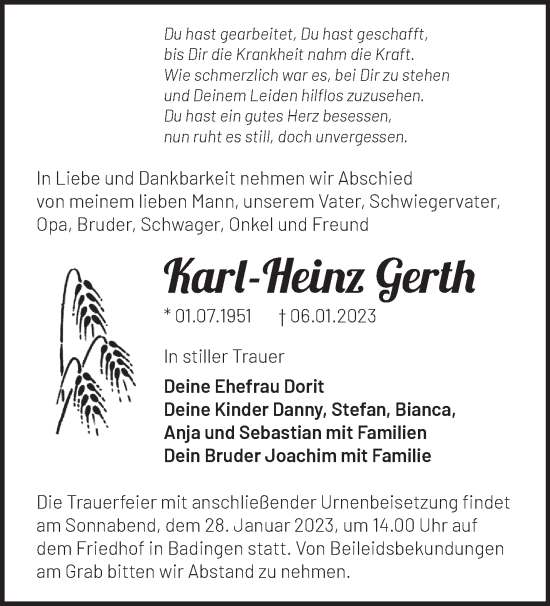 Traueranzeige von Karl-Heinz Gerth von Märkische Oderzeitung