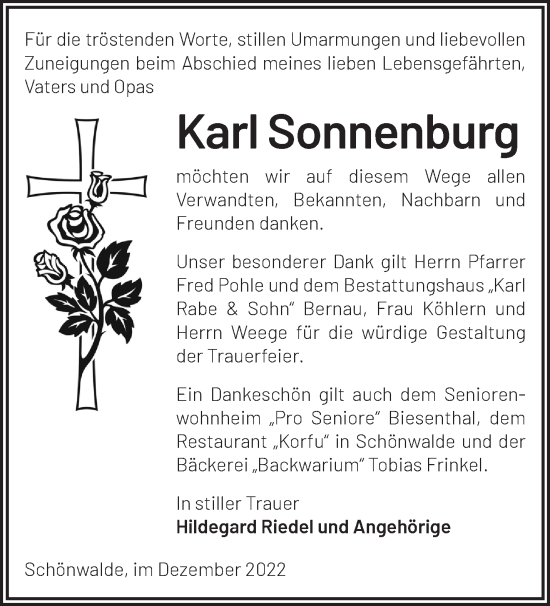 Traueranzeige von Karl Sonnenburg von Märkische Oderzeitung