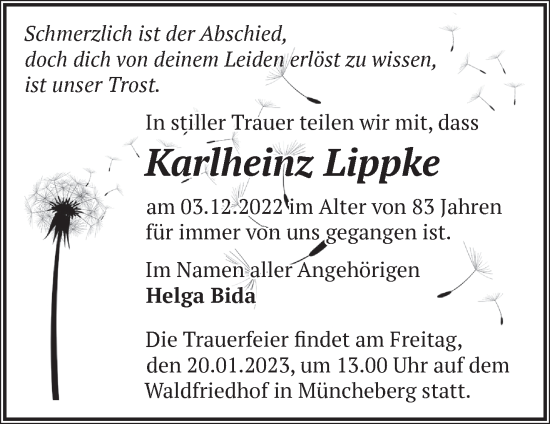 Traueranzeige von Karlheinz Lippke von Märkische Oderzeitung