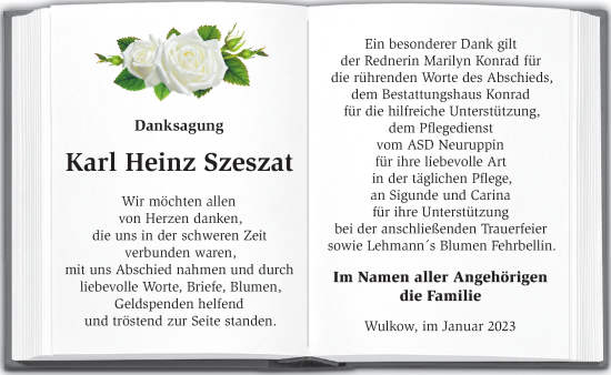 Traueranzeige von Karl Heinz Szeszat von Märkische Oderzeitung