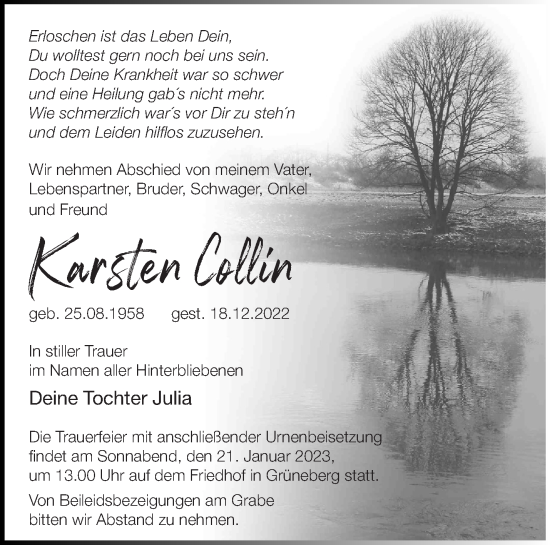 Traueranzeige von Karsten Collin von Märkische Oderzeitung