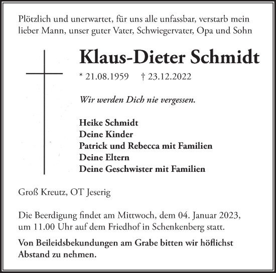 Traueranzeige von Klaus-Dieter Schmidt von Märkische Oderzeitung