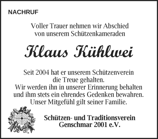 Traueranzeige von Klaus Kühlwei von Märkische Oderzeitung