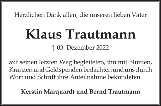 Traueranzeige von Klaus Trautmann von Märkische Oderzeitung