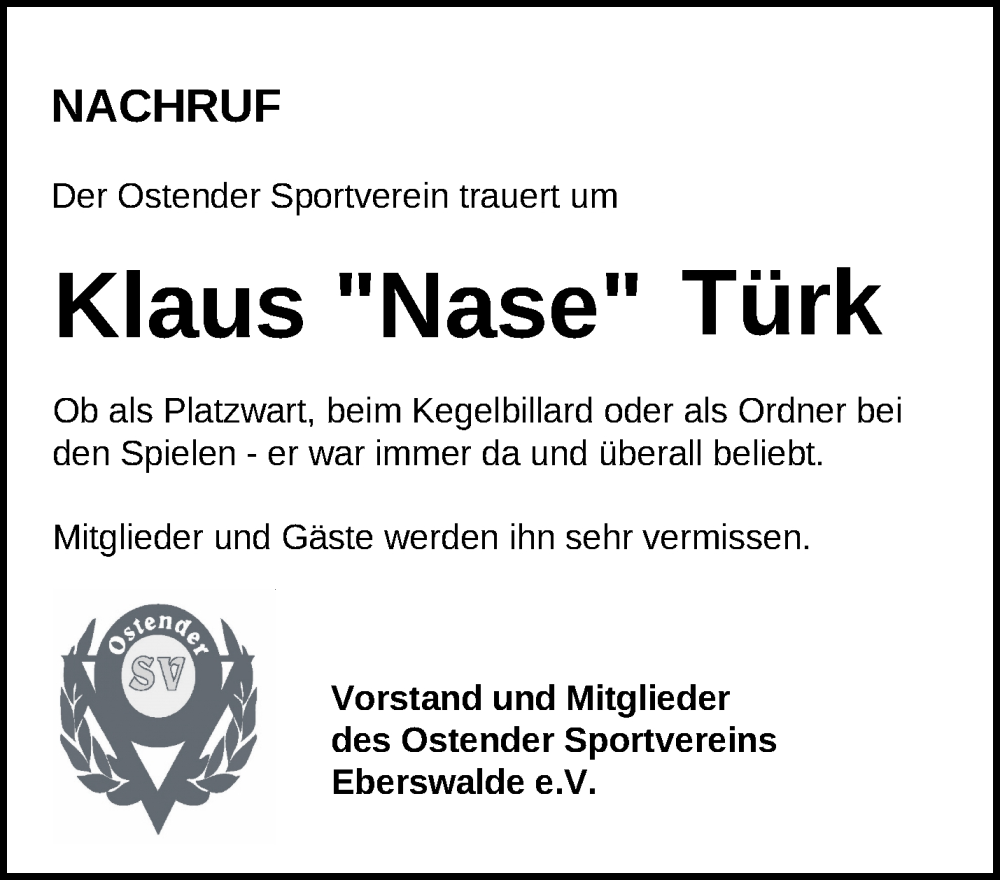 Traueranzeigen Von Klaus Türk | Märkische Onlinezeitung Trauerportal