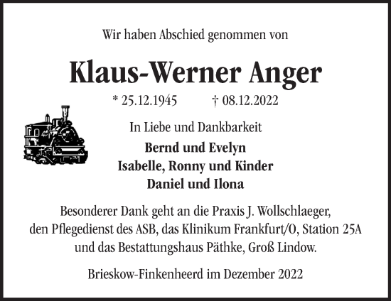 Traueranzeige von Klaus-Werner Anger von Märkische Oderzeitung