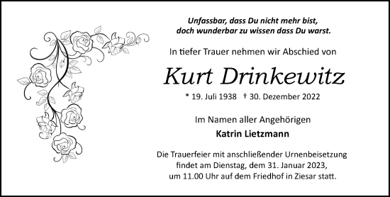 Traueranzeige von Kurt Drinkewitz von Märkische Oderzeitung