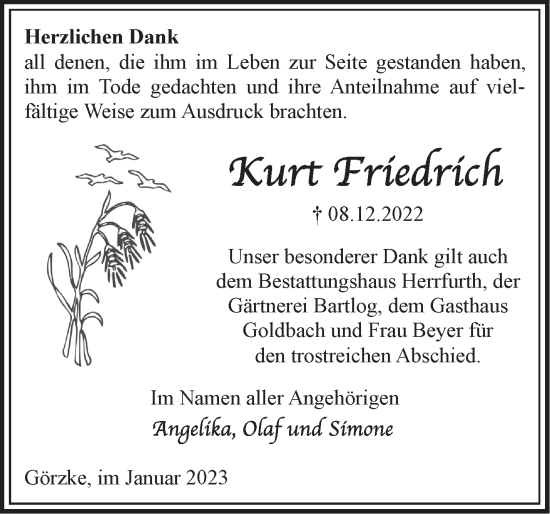 Traueranzeige von Kurt Friedrich von Märkische Oderzeitung