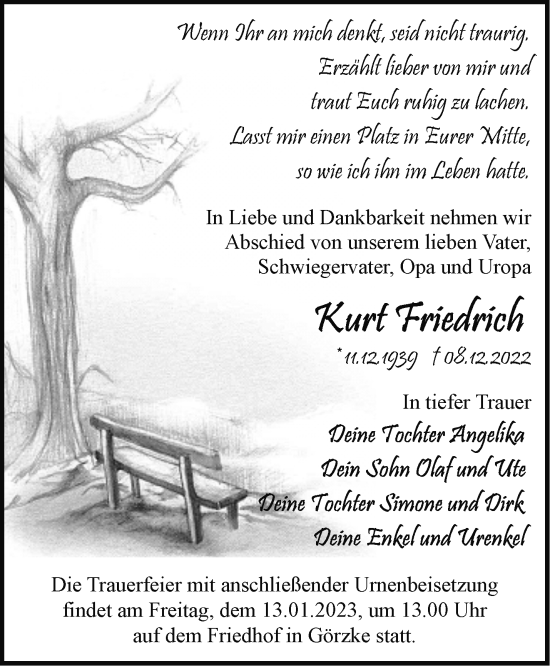 Traueranzeige von Kurt Friedrich von Märkische Oderzeitung