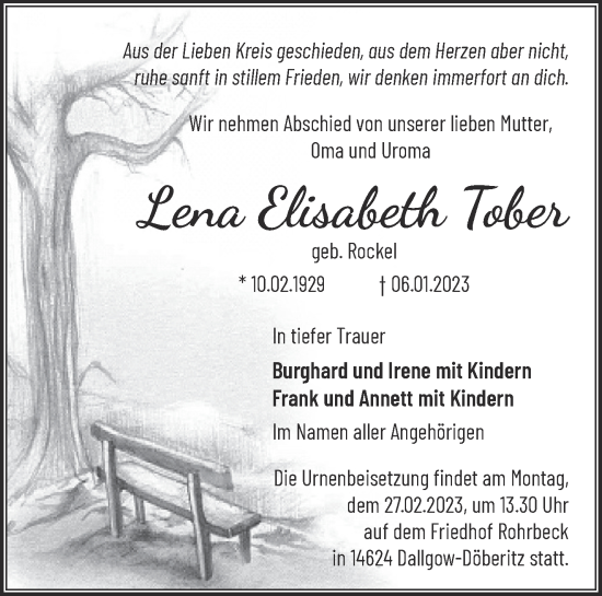 Traueranzeige von Lena Elisabeth Tober von Märkische Oderzeitung