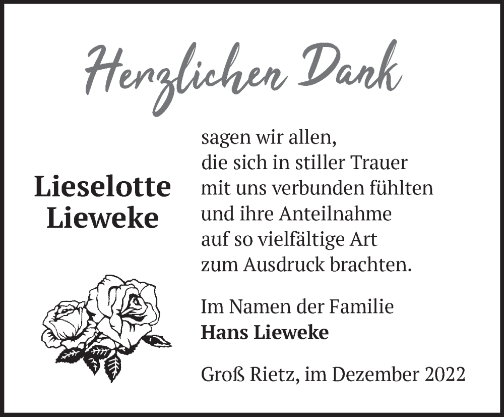  Traueranzeige für Lieselotte Lieweke vom 07.01.2023 aus Märkische Oderzeitung