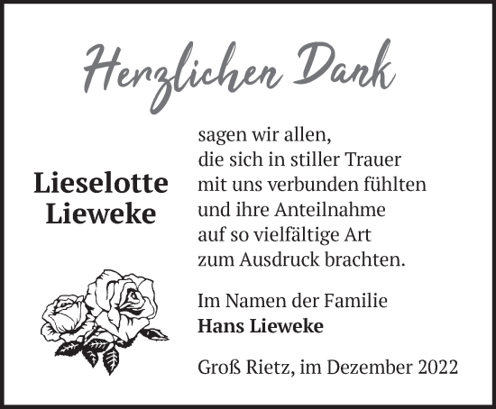 Traueranzeige von Lieselotte Lieweke von Märkische Oderzeitung