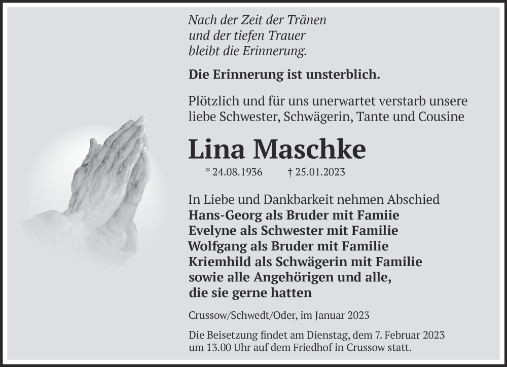  Traueranzeige für Lina Maschke vom 31.01.2023 aus Märkische Oderzeitung