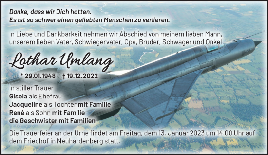 Traueranzeige von Lothar Umlang von Märkische Oderzeitung