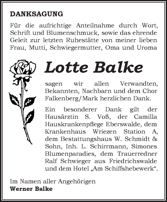 Traueranzeige von Lotte Balke von Märkische Oderzeitung