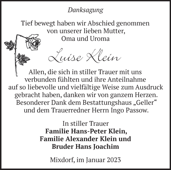 Traueranzeige von Luise Klein von Märkische Oderzeitung