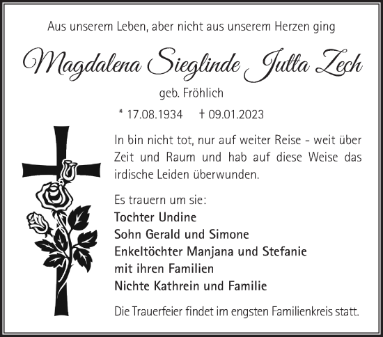 Traueranzeige von Magdalena Sieglinde Jutta Zech von Märkische Oderzeitung