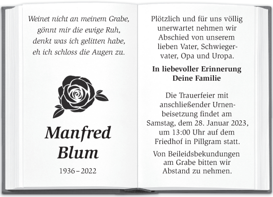 Traueranzeige von Manfred Blum von Märkische Oderzeitung