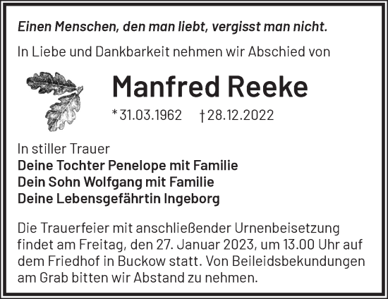 Traueranzeige von Manfred Reeke von Märkische Oderzeitung