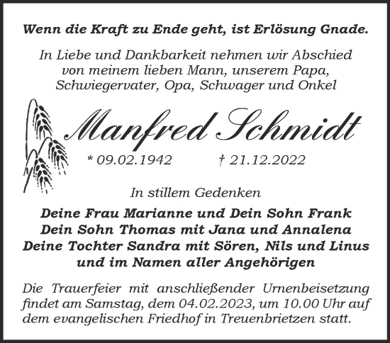 Traueranzeige von Manfred Schmidt von Märkische Oderzeitung