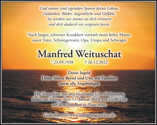 Traueranzeige von Manfred Weituschat von Märkische Oderzeitung