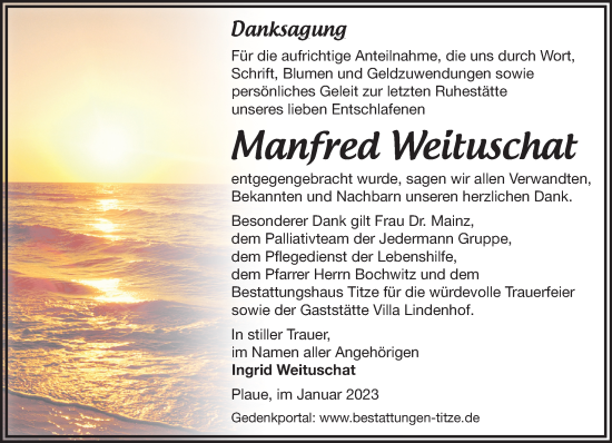 Traueranzeige von Manfred Weituschat von Märkische Oderzeitung