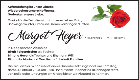 Traueranzeige von Margot Heyer von Märkische Oderzeitung