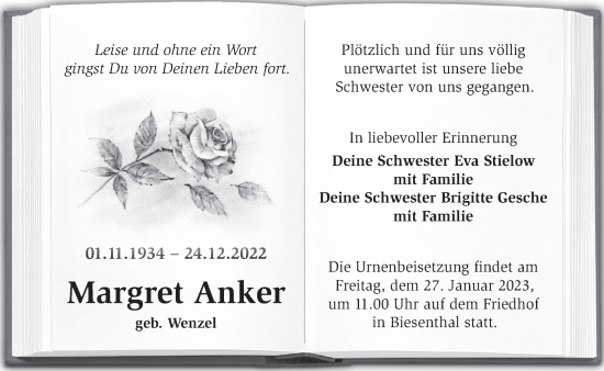 Traueranzeige von Margret Anker von Märkische Oderzeitung