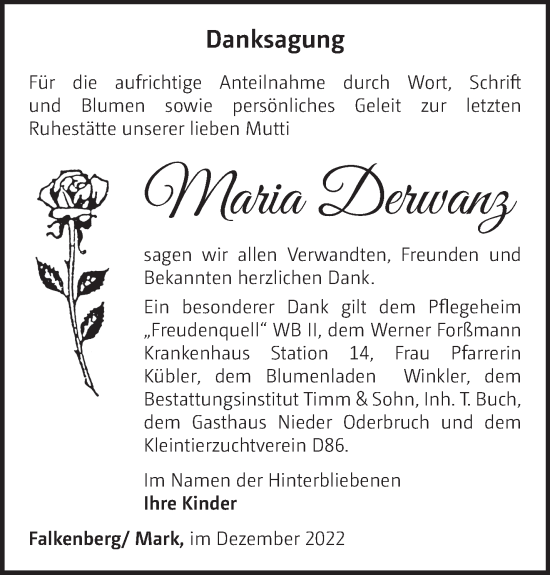 Traueranzeige von Maria Derwanz von Märkische Oderzeitung