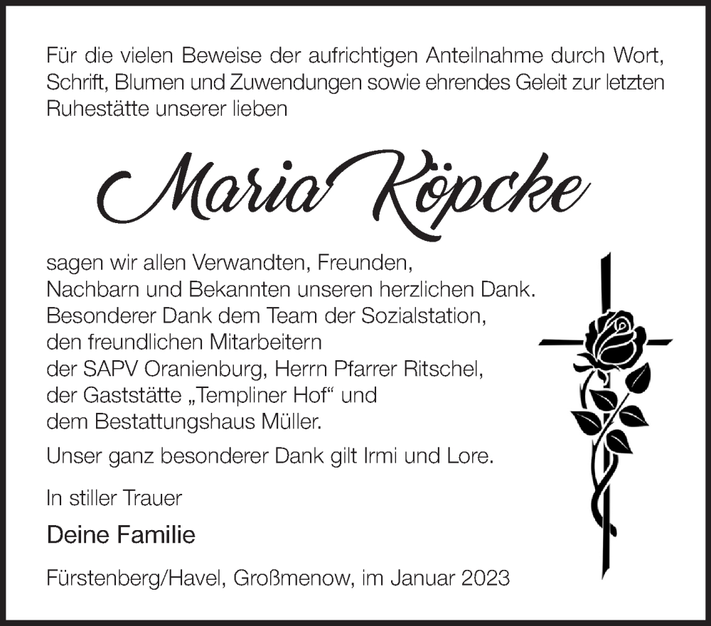  Traueranzeige für Maria Köpcke vom 27.01.2023 aus Märkische Oderzeitung