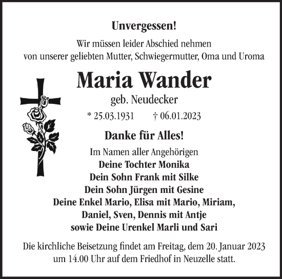 Traueranzeige von Maria Wander von Märkische Oderzeitung