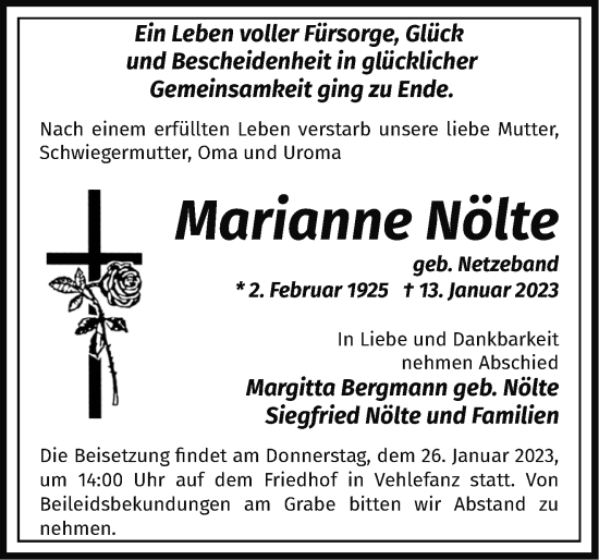 Traueranzeige von Marianne Nölte von Märkische Oderzeitung