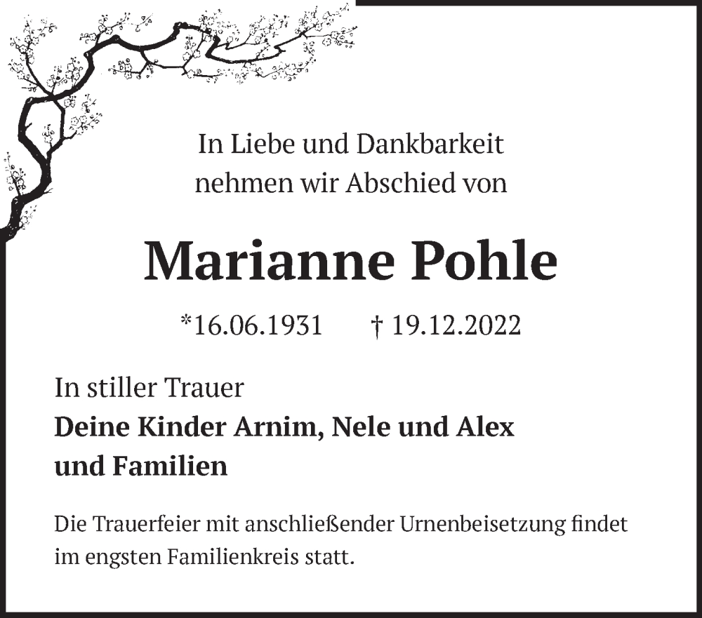  Traueranzeige für Marianne Pohle vom 29.01.2023 aus Märkische Oderzeitung