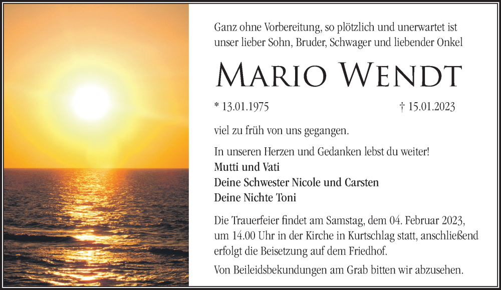  Traueranzeige für Mario Wendt vom 25.01.2023 aus Märkische Oderzeitung