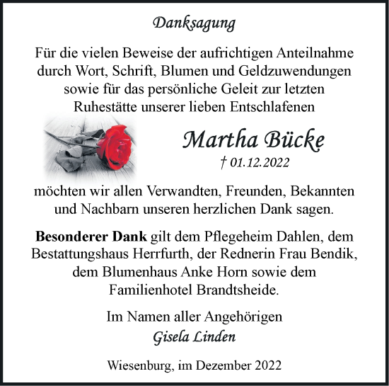 Traueranzeige von Martha Bücke von Märkische Oderzeitung