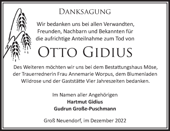 Traueranzeige von Otto Gidius von Märkische Oderzeitung