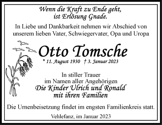 Traueranzeige von Otto Tomsche von Märkische Oderzeitung