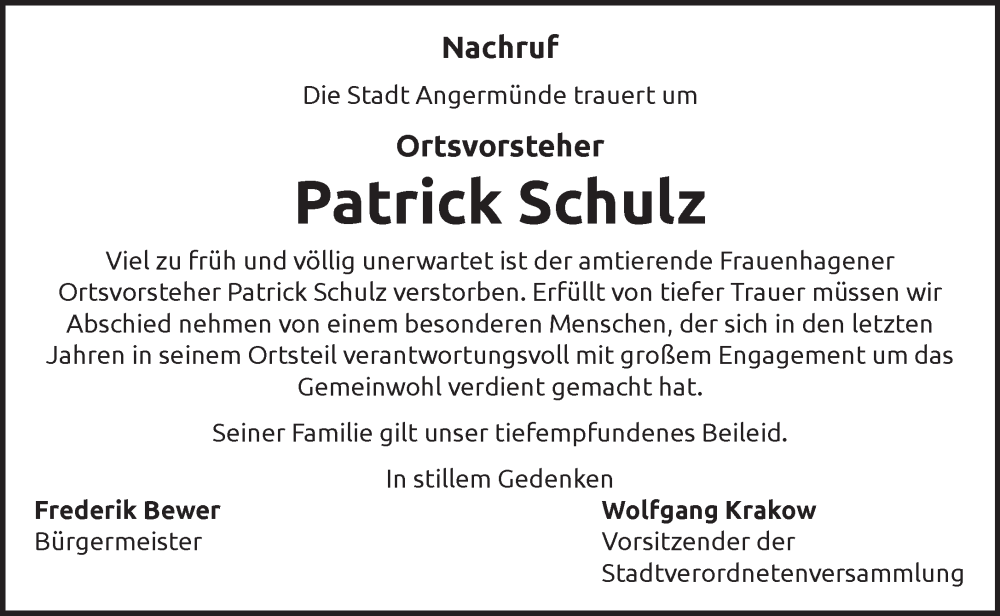  Traueranzeige für Patrick Schulz vom 21.01.2023 aus Märkische Oderzeitung